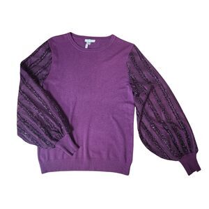 Sioni Plum Purple Knit Sweater with Mesh Sparkle Balloon Sleeve Size M Boho